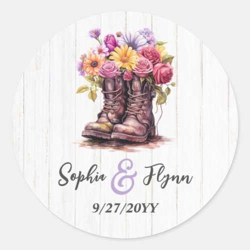 Watercolor Floral Farm Boots  Barn Wood Wedding Classic Round Sticker
