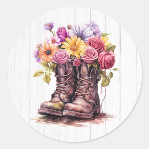 Watercolor Floral Farm Boots  Rustic Barn Wood Classic Round Sticker