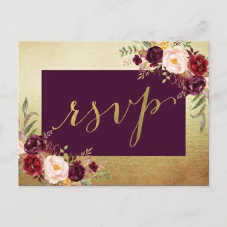 Watercolor Floral Faux Gold Foil Wedding RSVP Invitation Postcard