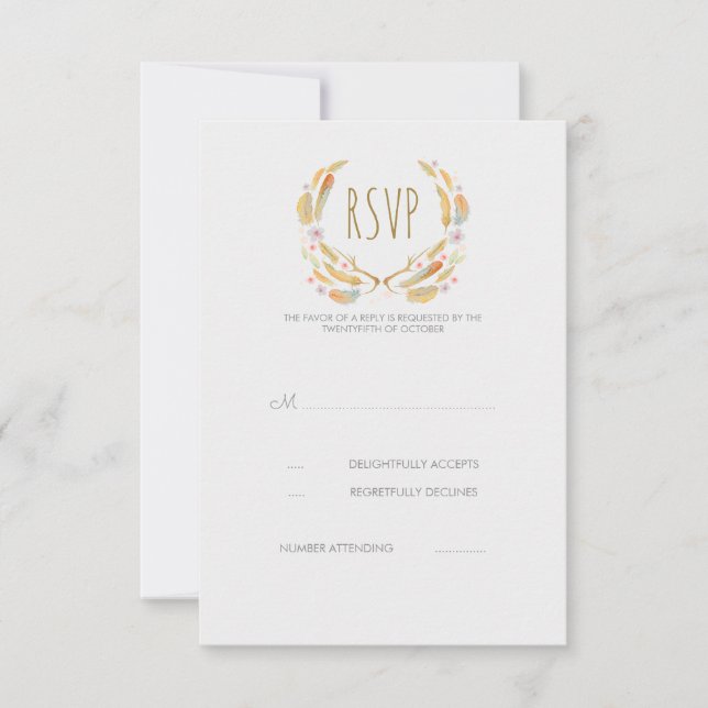 Watercolor Floral Feathers Antlers RSVP Cards (Front)
