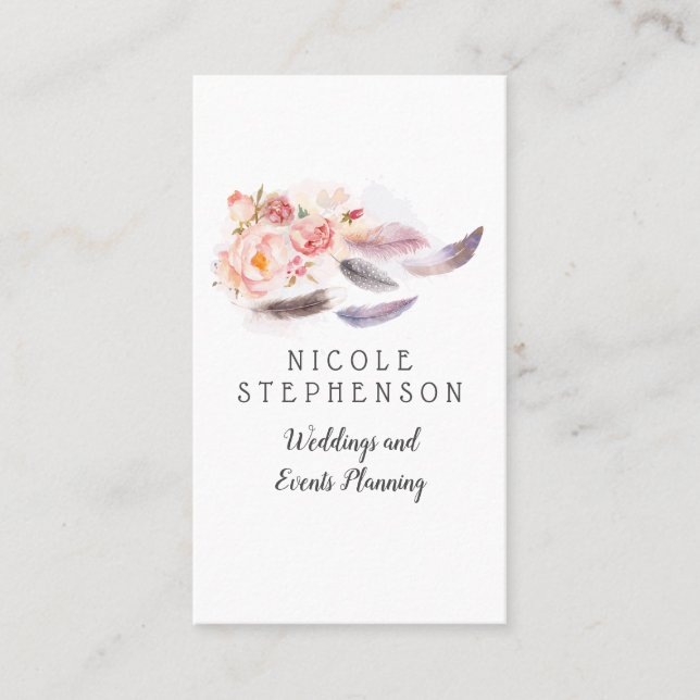 Watercolor Floral Feathers Bohemian Business Card (Front)