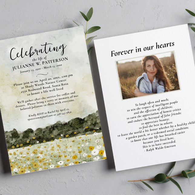 Watercolor Floral Field Celebration of Life Photo Invitation (Creator Uploaded)