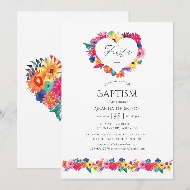 Watercolor Floral Fiesta Baptism Invitation (Front/Back)