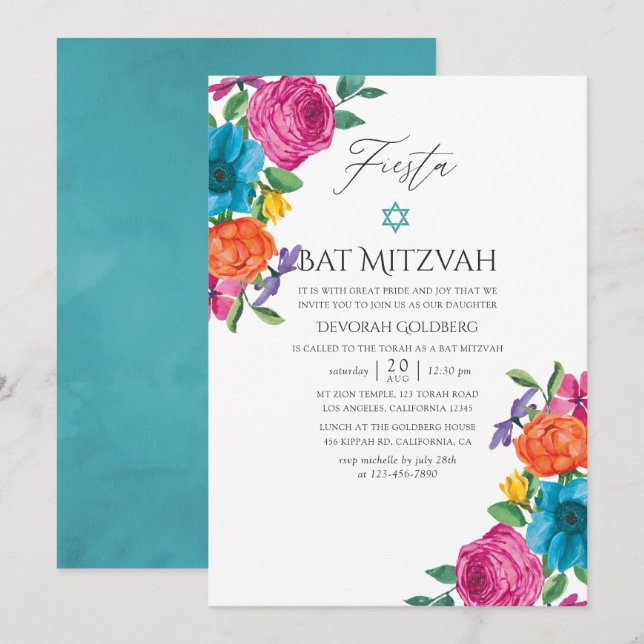 Watercolor Floral Fiesta Bat Mitzvah Invitation (Front/Back)