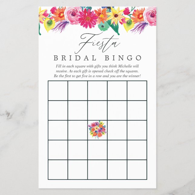 Watercolor Floral Fiesta Bridal Shower Bingo Game (Front)