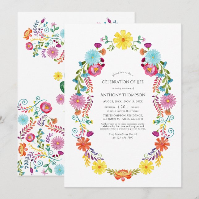 Watercolor Floral Fiesta Celebration of Life Invitation (Front/Back)