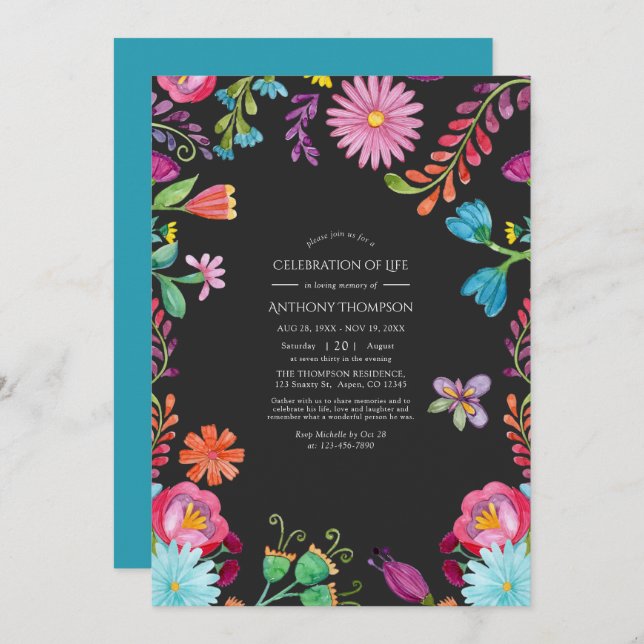 Watercolor Floral Fiesta Celebration of Life Invitation (Front/Back)