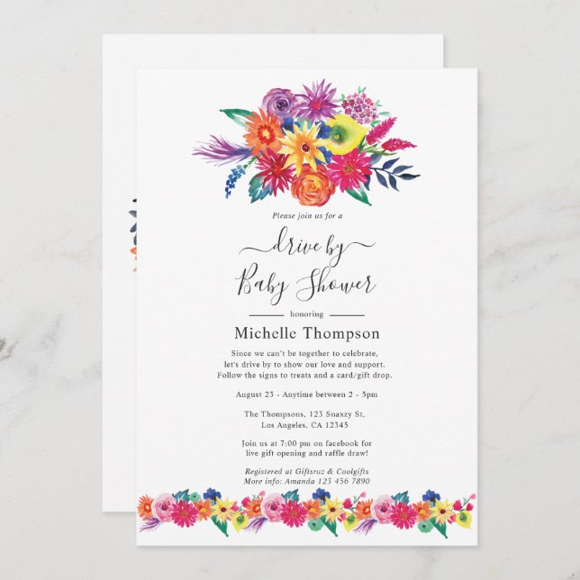 Watercolor Floral Fiesta Drive By Shower Invitation (Front/Back)