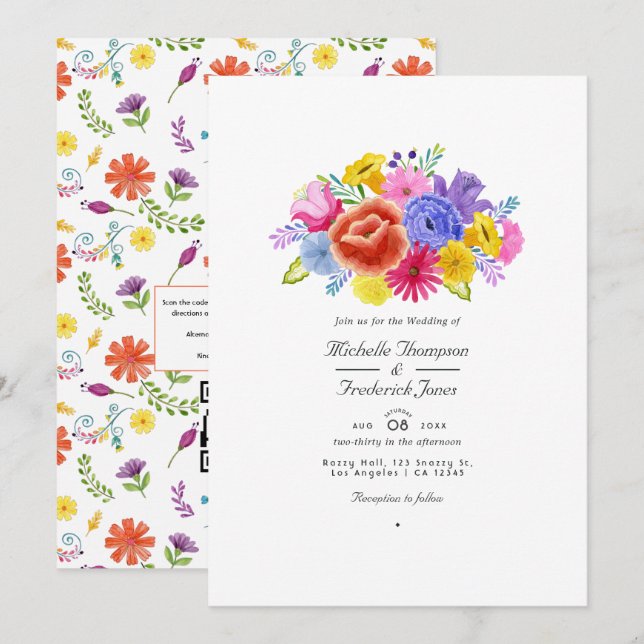 Watercolor Floral Fiesta QR Code RSVP Wedding Invitation (Front/Back)