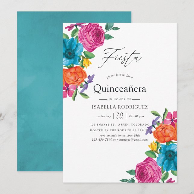 Watercolor Floral Fiesta Quinceañera Invitation (Front/Back)