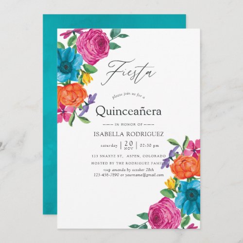 Watercolor Floral Fiesta Quinceaera Invitation