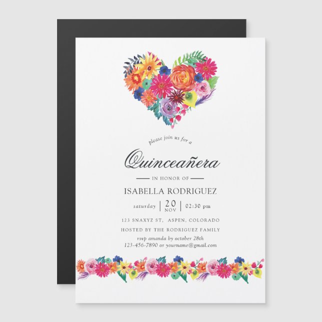 Watercolor Floral Fiesta Quinceañera Magnetic Invitation (Front/Back)