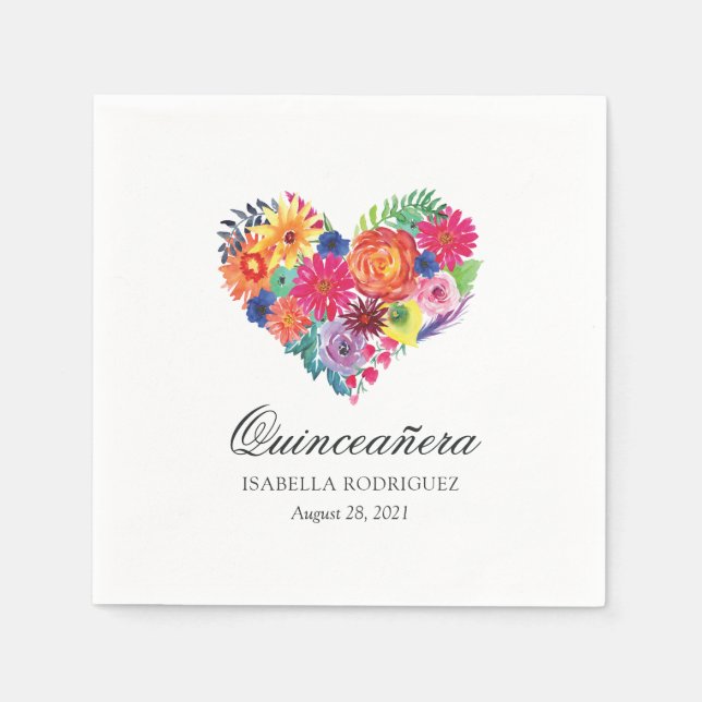 Watercolor Floral Fiesta Quinceañera Napkins (Front)