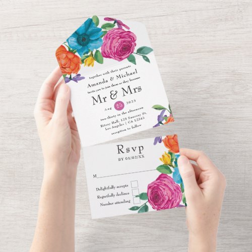 Watercolor Floral Fiesta Wedding All In One Invitation