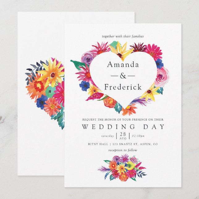 Watercolor Floral Fiesta Wedding Invitation (Front/Back)