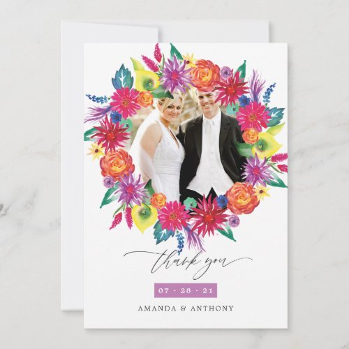 Watercolor Floral Fiesta Wedding Photo Collage Thank You Card
