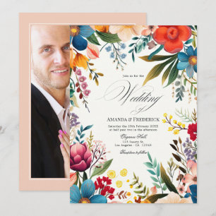 Watercolor Floral Fiesta Wedding Photo Invitation