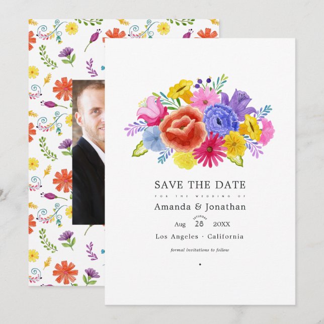 Watercolor Floral Fiesta Wedding Photo Save The Date (Front/Back)