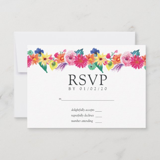Watercolor Floral Fiesta Wedding RSVP Card (Front)