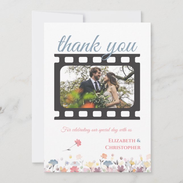 Watercolor Floral Film-Themed Wedding Thank You Card (Front)