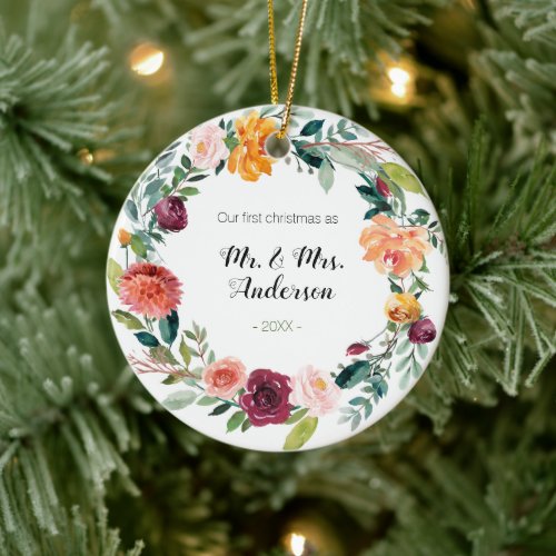 Watercolor Floral First Christmas as Mr and Mrs Ceramic Ornament