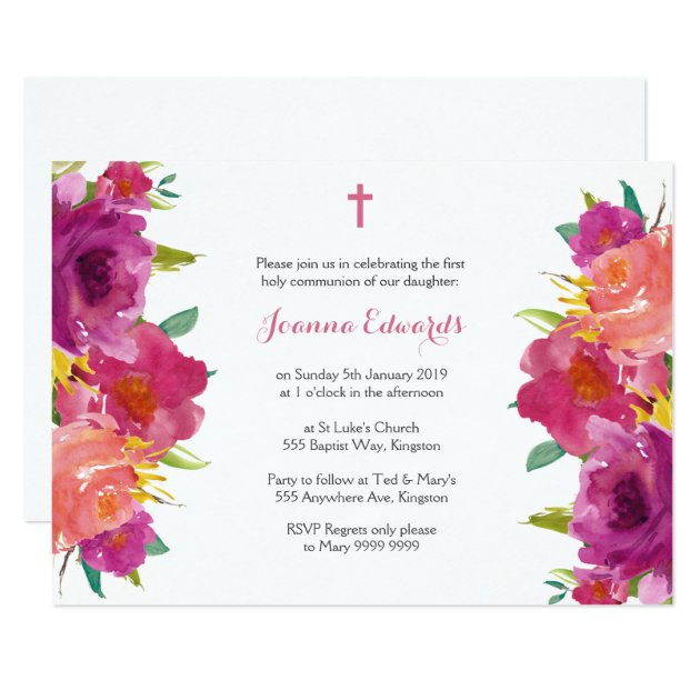 Watercolor Floral First Communion Personalized Invitation