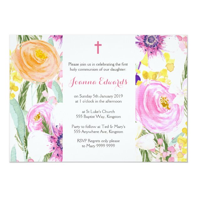 Watercolor Floral First Communion Personalized Invitation