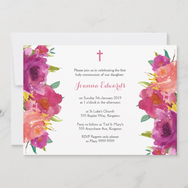 Watercolor Floral First Communion Personalized Invitation (Front)