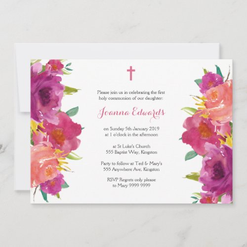 Watercolor Floral First Communion Personalized Invitation