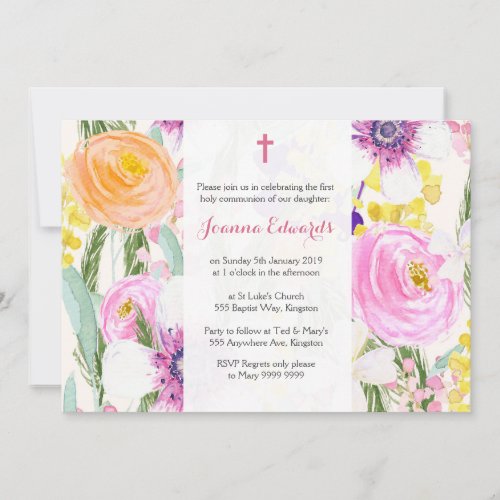 Watercolor Floral First Communion Personalized Invitation