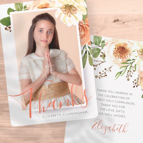 Watercolor Floral First Communion Thank You Card