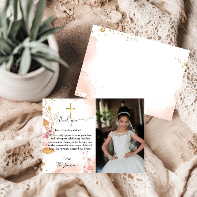 Watercolor floral first communion thank you card (Creator Uploaded)