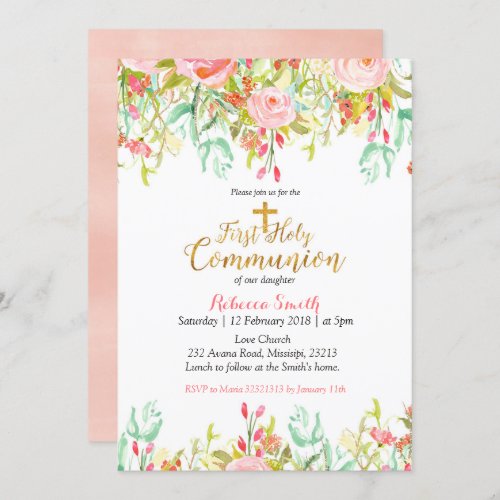 Watercolor floral First Holy Communion Invitation