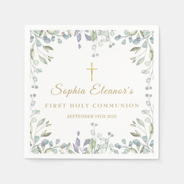 Watercolor Floral First Holy Communion Napkins (Front)
