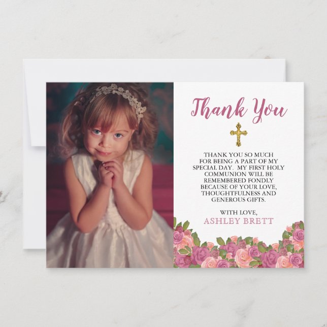 Watercolor Floral First Holy Communion Thank You Card (Front)
