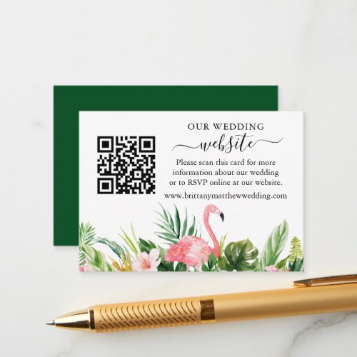Watercolor Floral Flamingo Wedding Website QR Enclosure Card