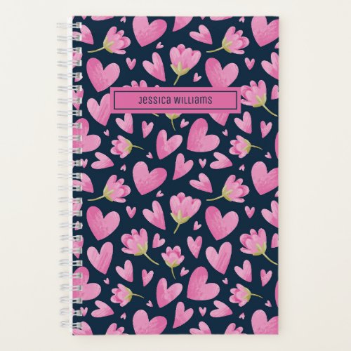 Watercolor Floral Flower Pattern Cute Pink Heart Notebook