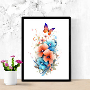 Watercolor Floral Flowers Butterflies Blue Orange Poster
