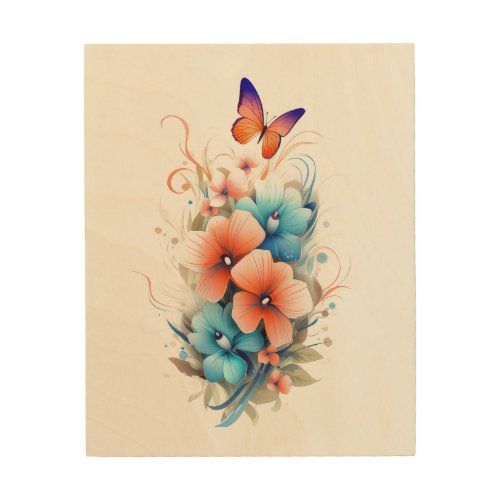 Watercolor Floral Flowers Butterflies Blue Orange  Wood Wall Art