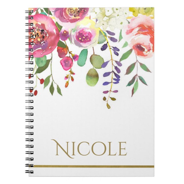 Watercolor Floral Flowers Modern Colorful Bold Notebook (Front)