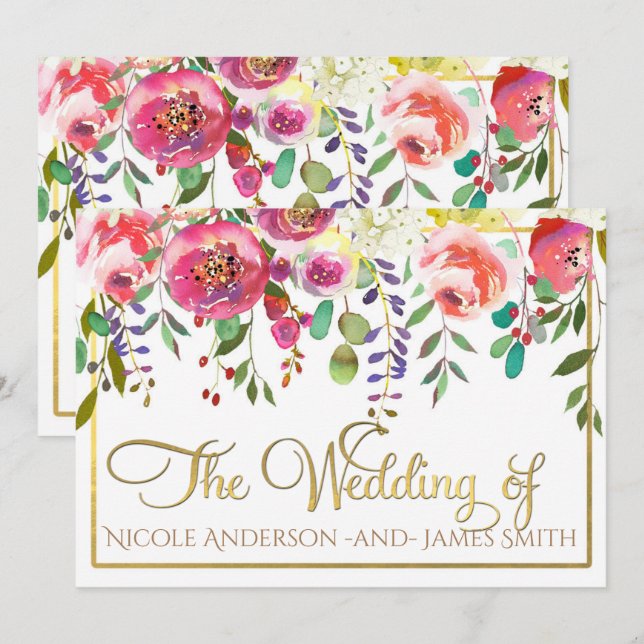 Watercolor Floral Flowers Modern Colorful Wedding Invitation (Front/Back)