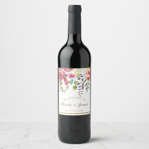 Watercolor Floral Flowers Modern Wedding Wine Wine Label