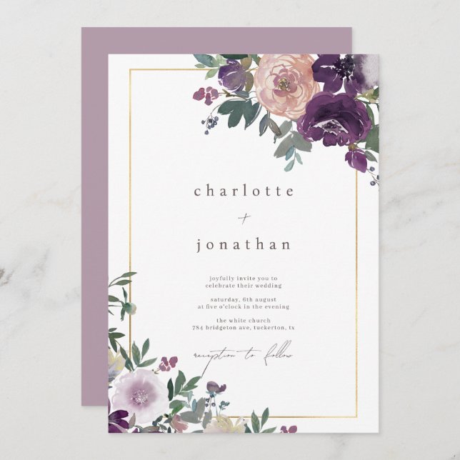 Watercolor Floral Foliage Modern Wedding Invitation (Front/Back)