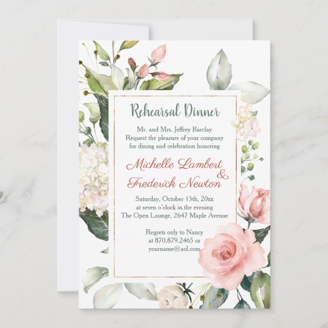Watercolor floral, foliage Rehearsal Dinner Invitation (Front)