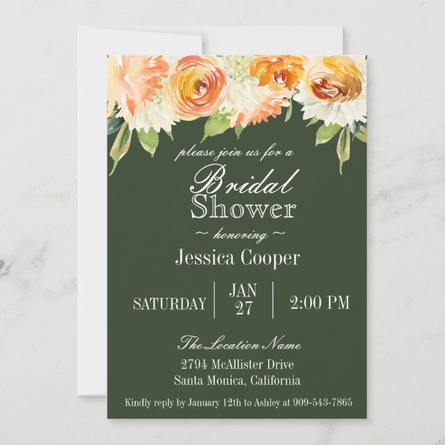 Watercolor Floral Forest Green Bridal Shower Invitation (Front)