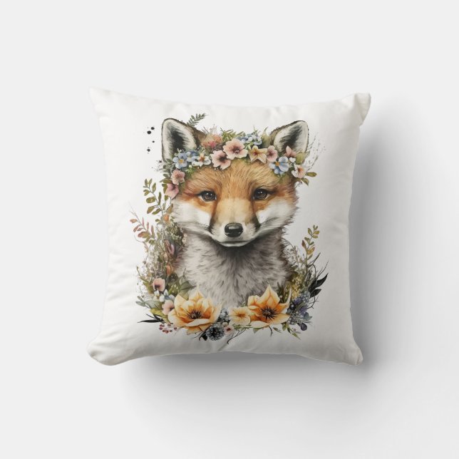 Watercolor Floral Fox Cute Throw Pillow (Front)