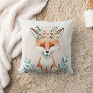 Watercolor floral fox throw pillow