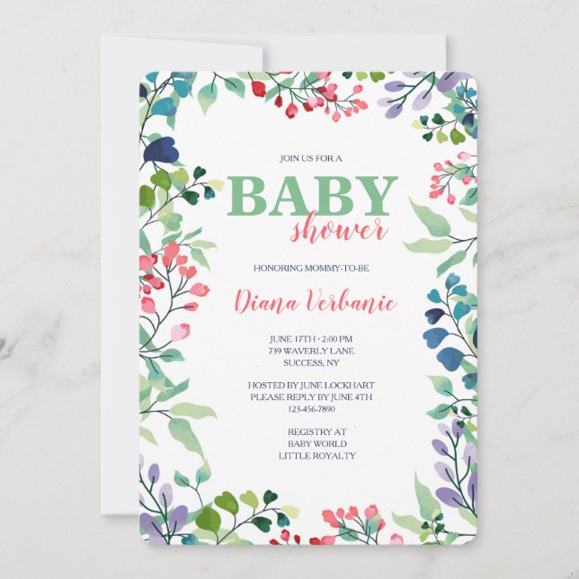 Watercolor Floral Frame Baby Shower Invitation (Front)