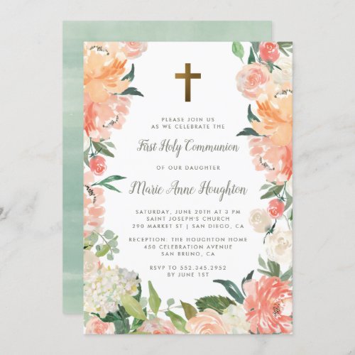 Watercolor Floral Frame First Holy Communion Invitation