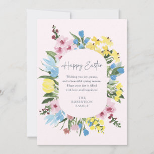 Watercolor, Floral frame Happy Easter, pink Card